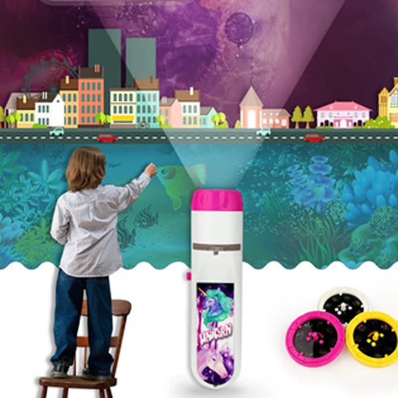 Interactive kids' toy: a projector flashlight with multiple bedtime stories, perfect for developing imagination.