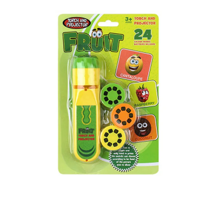 Packaging for the Kids' Bedtime Story Projector Flashlight, highlighting its diverse themes and interactive features.
