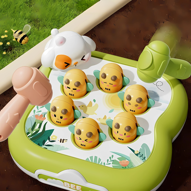 Kids Bee Whack game, toddler interactive reflex training toy with colorful bees and hammer. Educational fun for children.