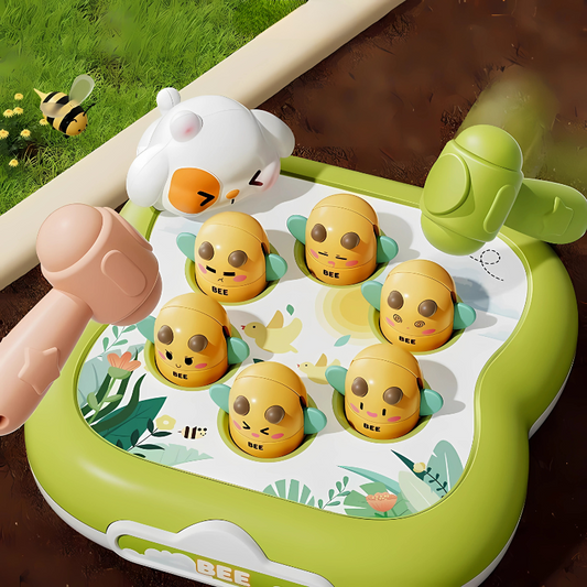 Kids Bee Whack game, toddler interactive reflex training toy with colorful bees and hammer. Educational fun for children.