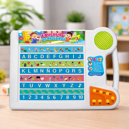 Kids' bilingual learning tablet for early education, featuring a toddler exploring letters and numbers.