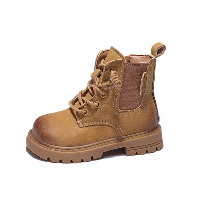 Toddler's stylish brown lace-up combat boots with side zipper, perfect for all-season wear.