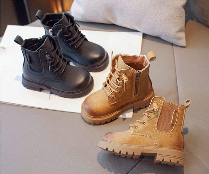 Unisex fashion combat boots for kids, black faux leather with non-slip sole, all-season footwear.