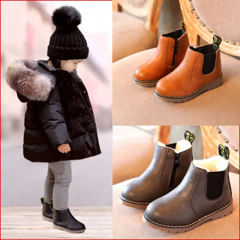 Kids' black leather zippered winter fashion boots for snow & everyday wear - durable children's footwear