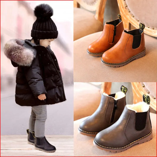 Kids' black leather zippered winter fashion boots for snow & everyday wear - durable children's footwear