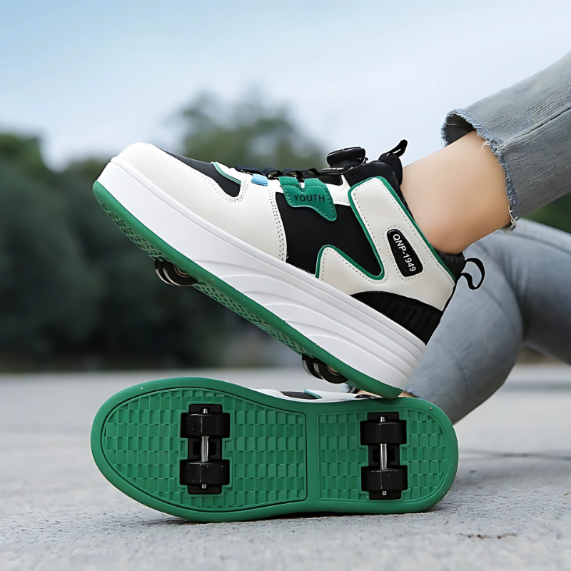 Kids' black roller skate sneakers with retractable wheels, perfect for outdoor fun & active play