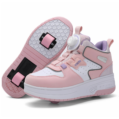 Child actively enjoying outdoor fun in purple roller skate sneakers with wheels extended, a fun activewear choice