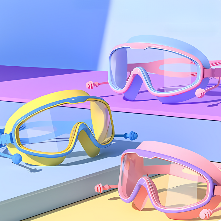Kids' blue anti-fog swimming goggles with UV protection for clear underwater play