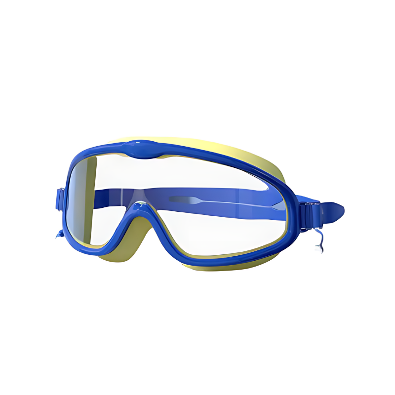 Close-up of kids' anti-fog swim goggles with adjustable strap and UV protection