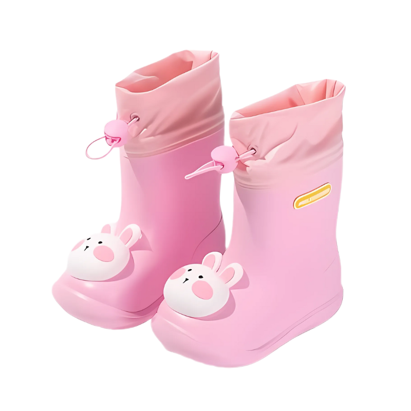 Collection of kids' character rain boots: dino, duck, bunny, bear, bright colors