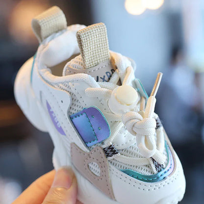 Close-up of breathable mesh on kids' sports shoes, comfort & ventilation