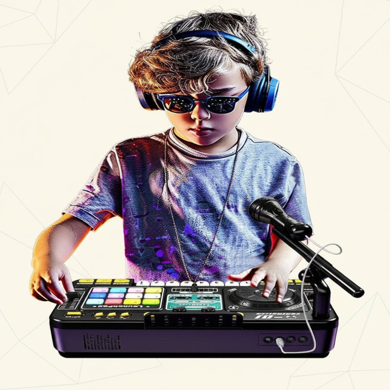 Kids' blue musical DJ mixer toy with interactive sound buttons and colorful lights, for creative play