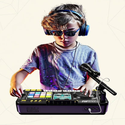 Kids' blue musical DJ mixer toy with interactive sound buttons and colorful lights, for creative play