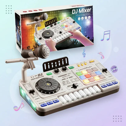 Close-up of a child's hand pressing a button on an interactive DJ mixer toy, showing music play