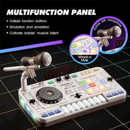 Vibrant kids' DJ mixer toy with turntable, buttons, and lights, an educational musical activity