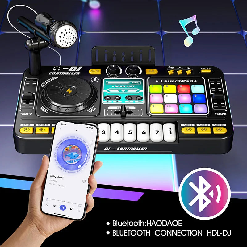 Side view of a kids' educational DJ mixer toy in action, promoting creative activity and sounds