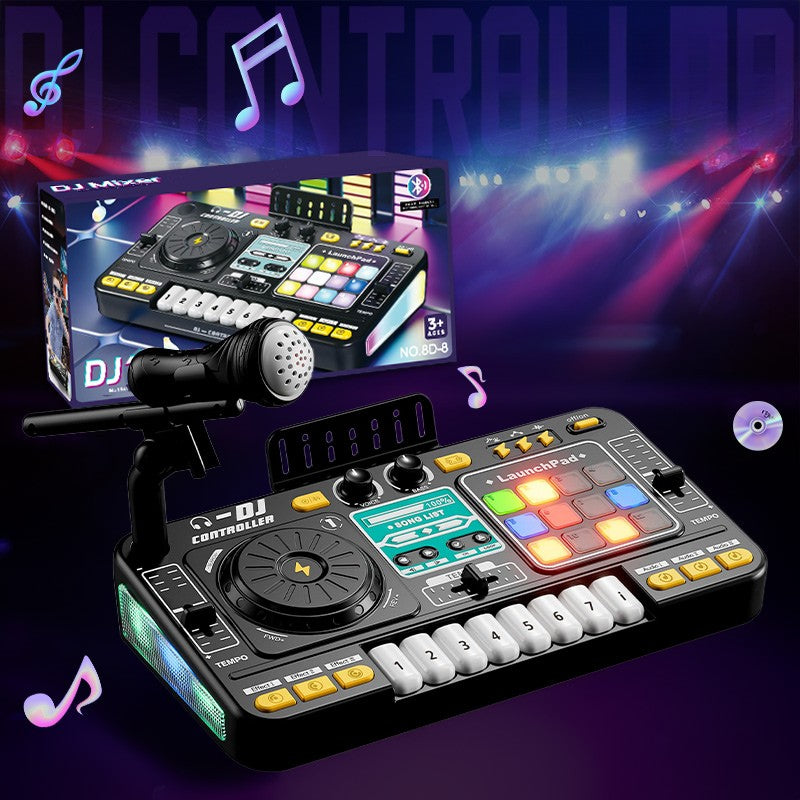 Group of children engaging with an interactive musical DJ mixer toy, learning sounds and rhythm