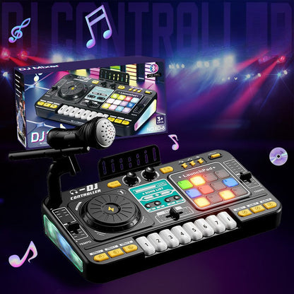 Group of children engaging with an interactive musical DJ mixer toy, learning sounds and rhythm