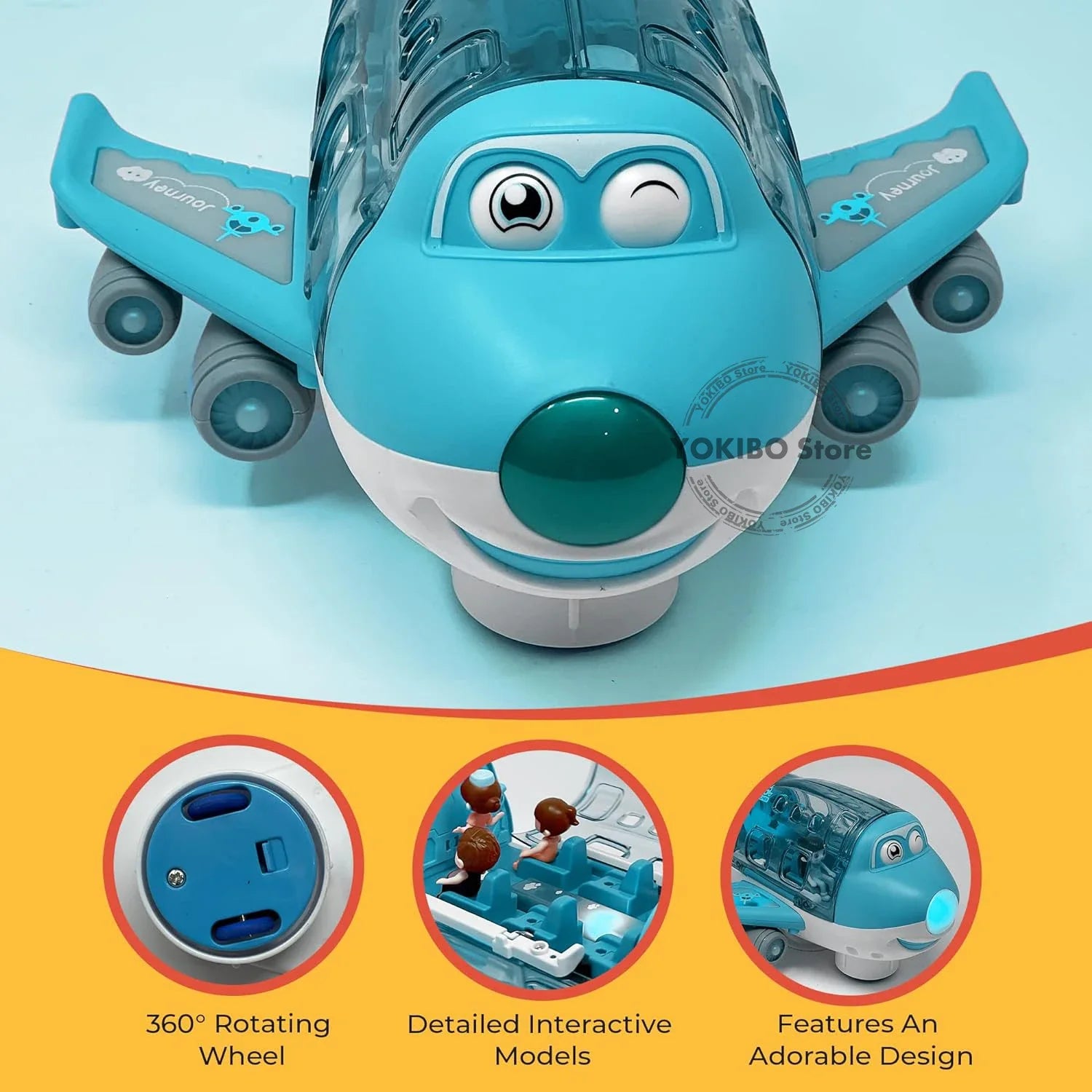 Toddler playing with a blue musical light-up airplane toy, an interactive kids toy