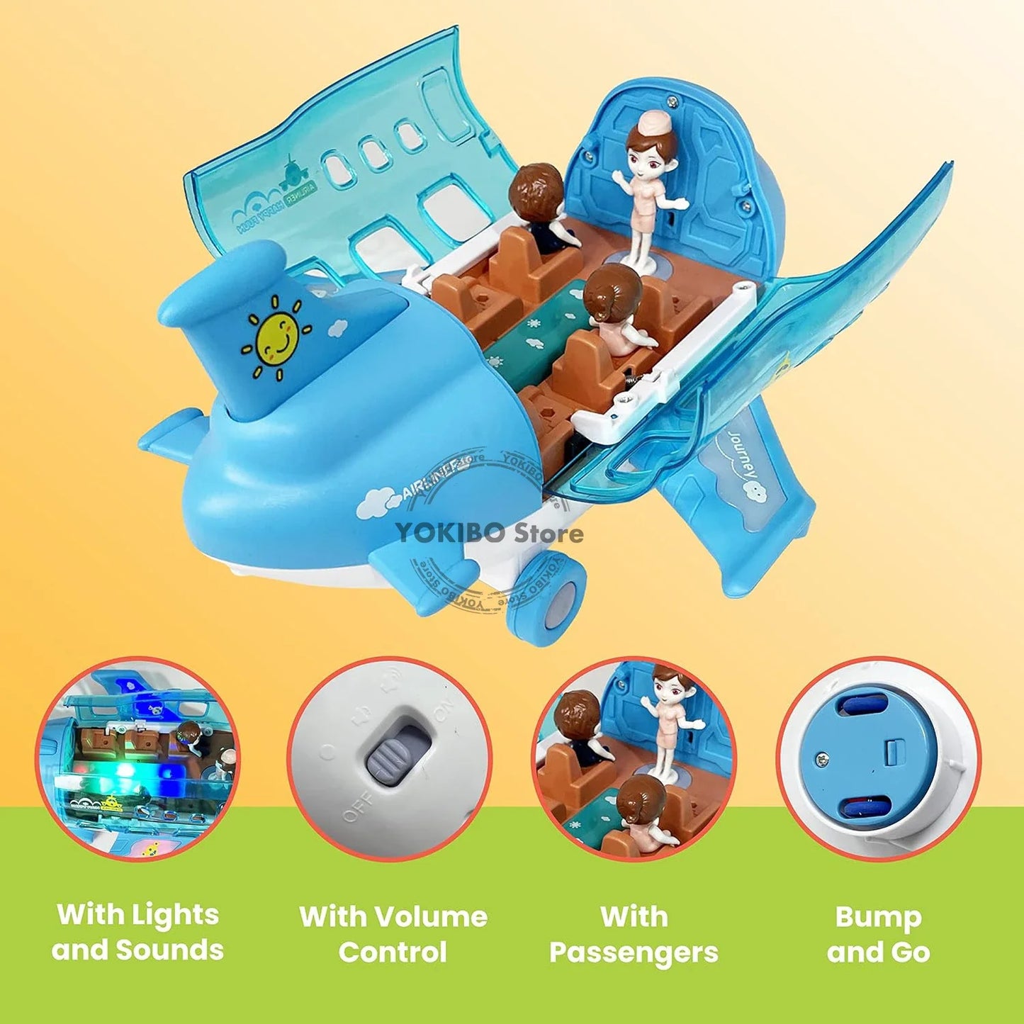 Close-up of a musical light-up airplane toy showing details, a fun bump and go kids toy