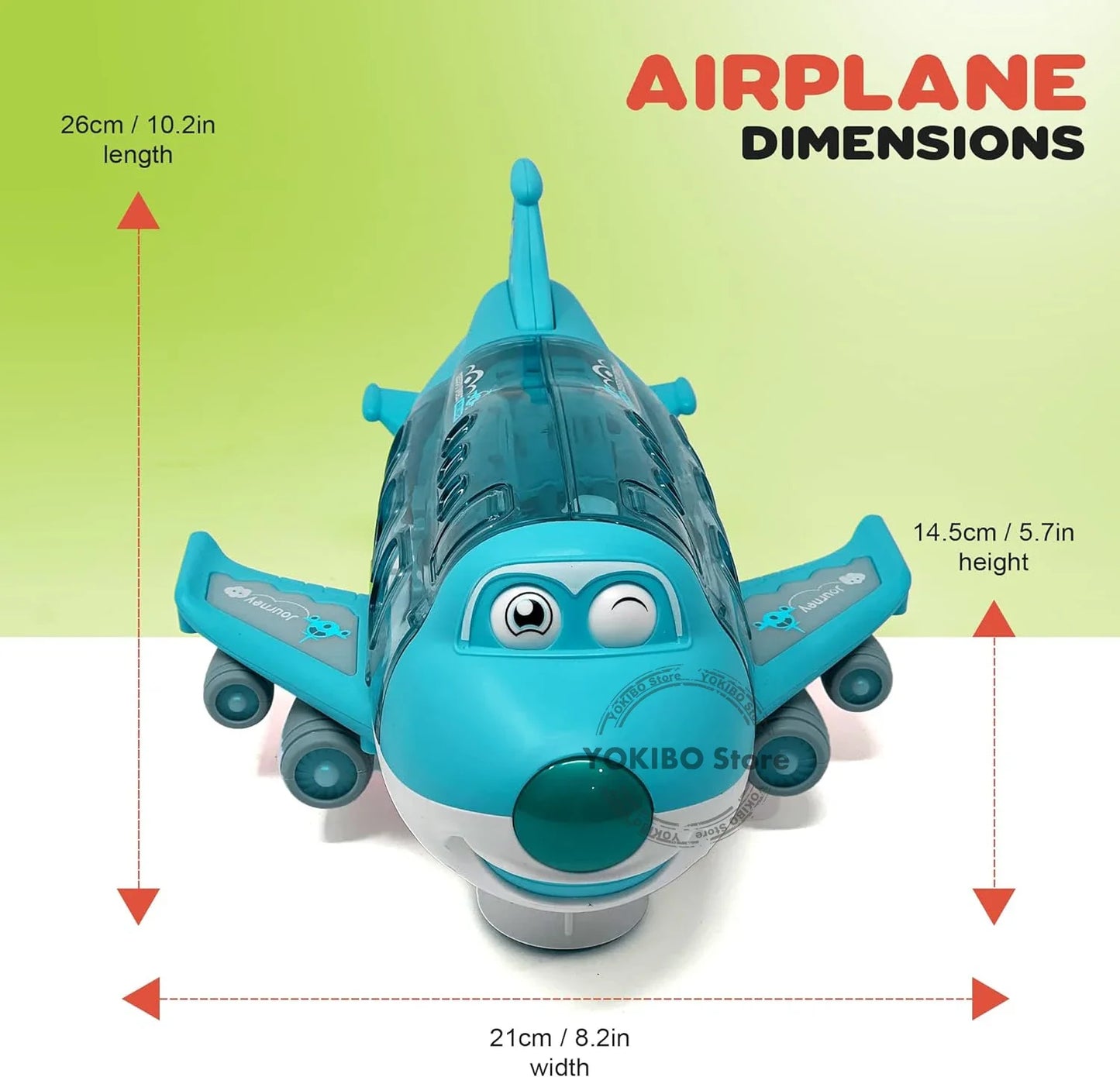 Happy child reaching for a blue musical light-up airplane, an engaging kids toy