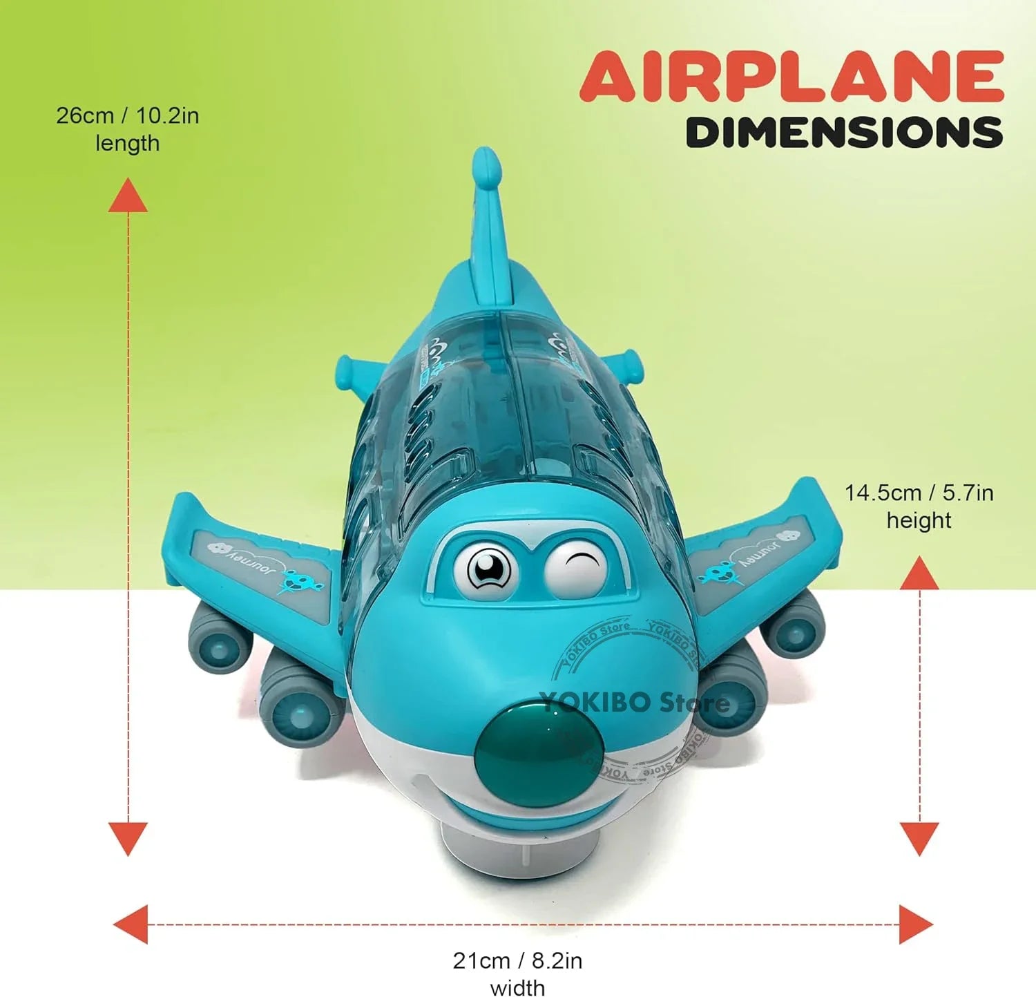 Happy child reaching for a blue musical light-up airplane, an engaging kids toy