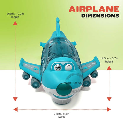 Happy child reaching for a blue musical light-up airplane, an engaging kids toy