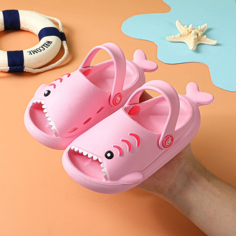 Cute blue shark sandals for kids, non-slip and comfortable EVA material for summer fun