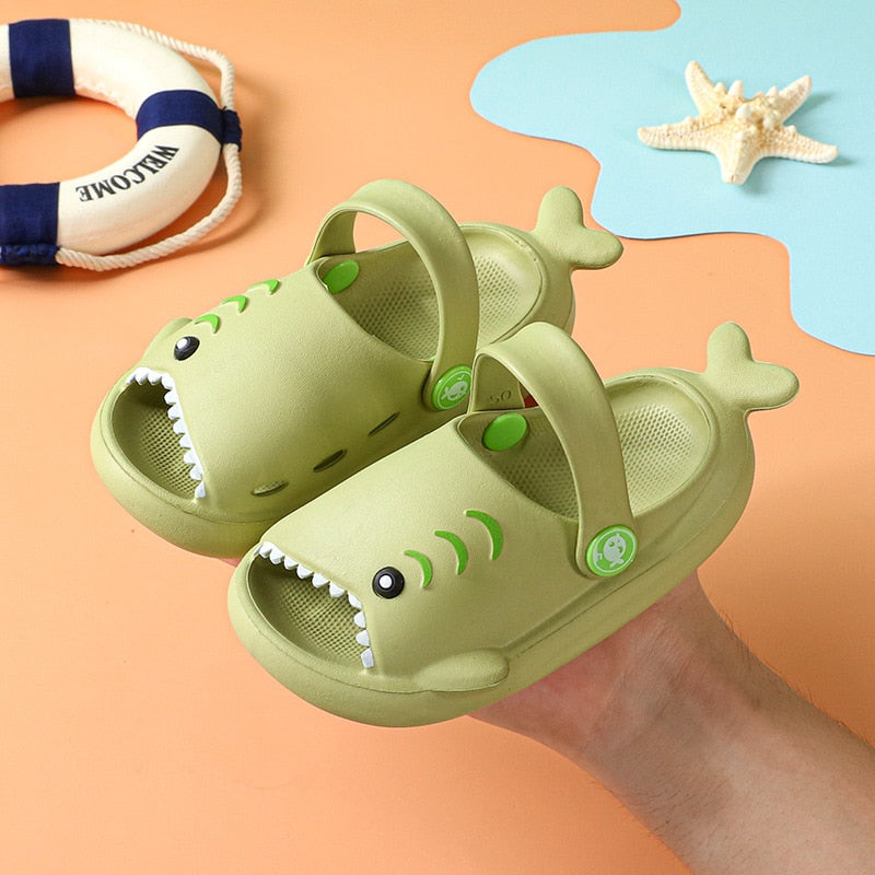 Blue shark patterned slide sandals, durable non-slip design for active boys and girls