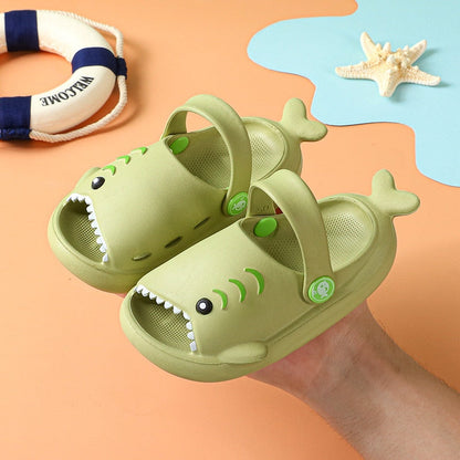Blue shark patterned slide sandals, durable non-slip design for active boys and girls