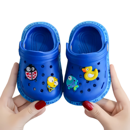 Side view of a red kids' slip-on clog with a textured sole and secure back strap for active toddlers