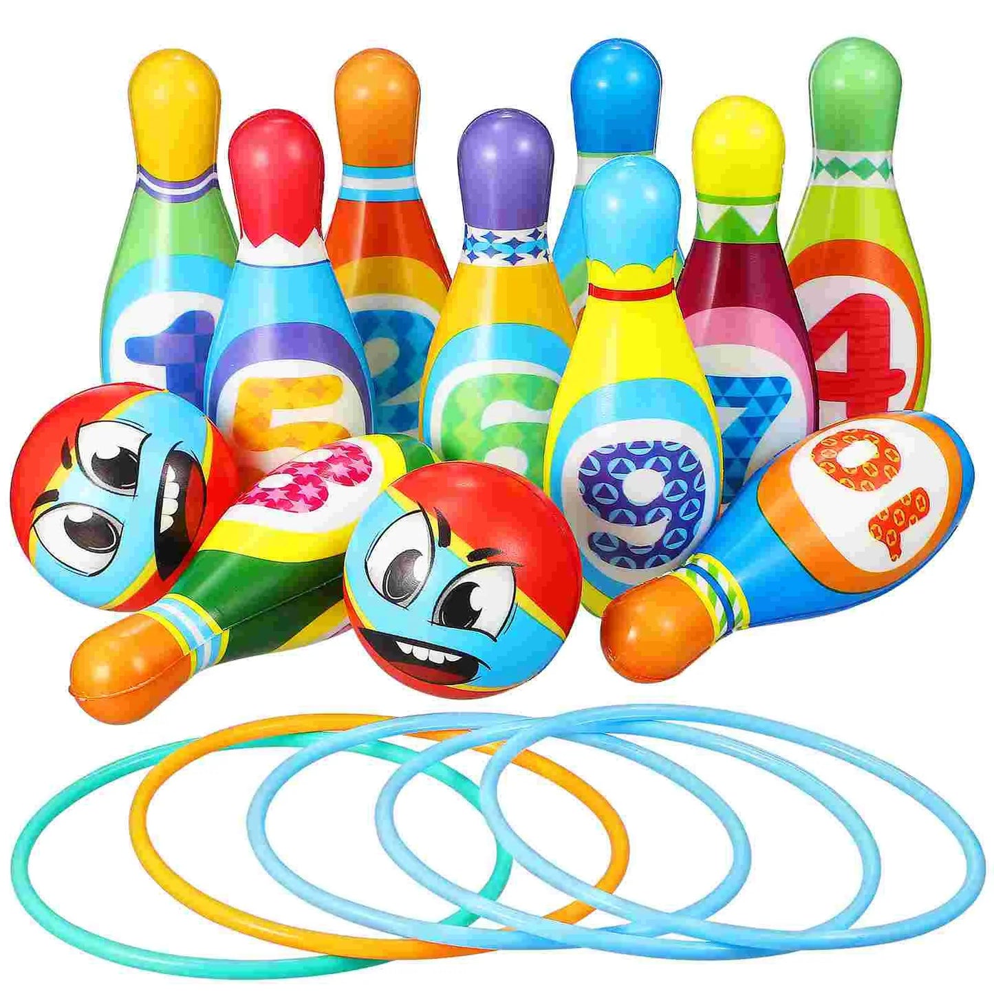 Kids bowling play set with colorful pins and ball, perfect for active indoor or outdoor fun