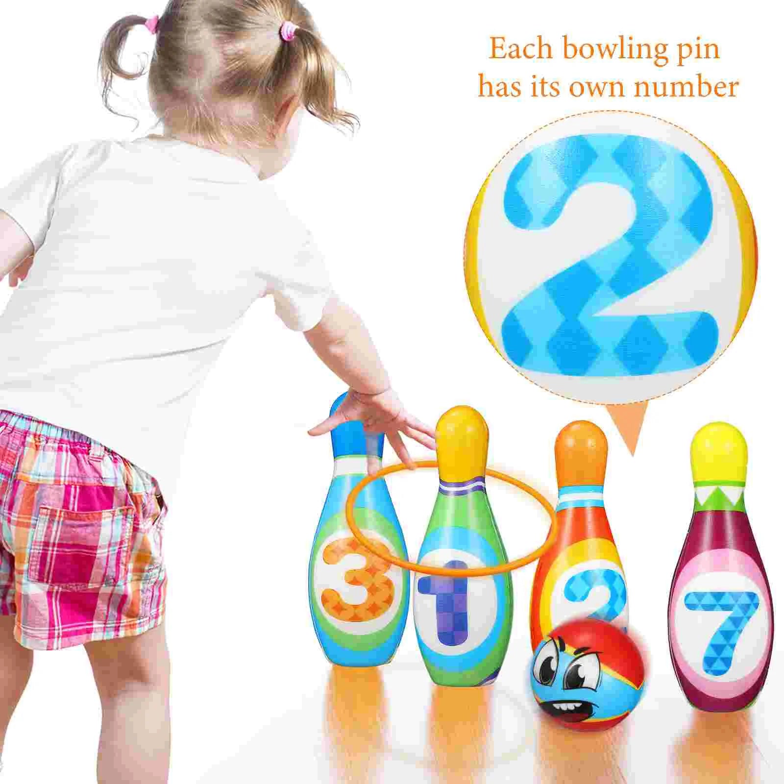 Toddler bowling toy featuring six vibrant pins and small ball, ideal for children's active play