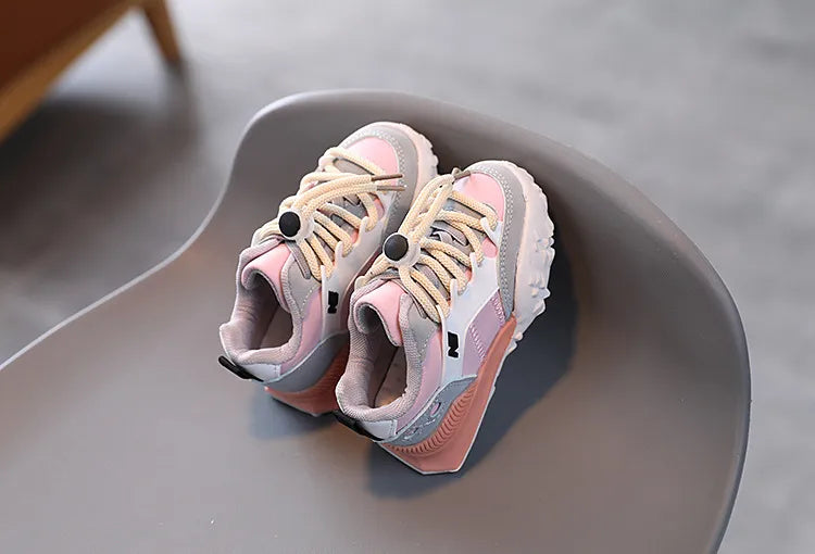 Comfortable kids' sneakers, blue/orange, with breathable leather upper & anti-slip sole for daily wear