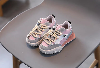 Kids' blue/orange running shoes, lace-up style, anti-slip sole ensures stability for playful children