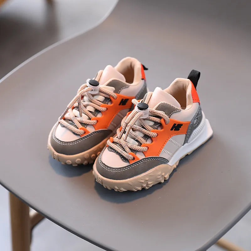 Girls' athletic sneakers, breathable blue/orange, anti-slip sole for playground safety, comfortable