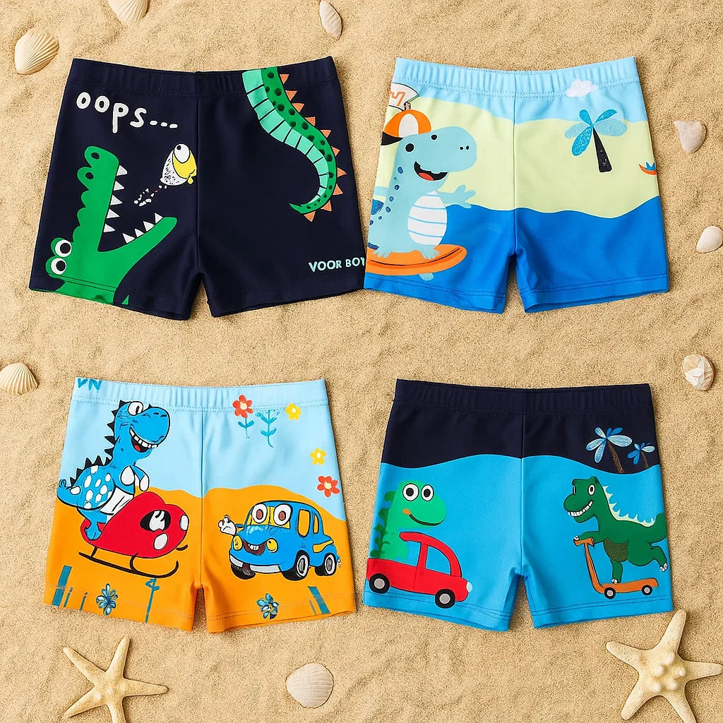 Kids' breathable quick-dry blue cartoon shark swim trunks for boys, summer beachwear