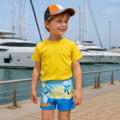 Children's quick-dry swim trunks with playful cartoon design for boys' pool wear