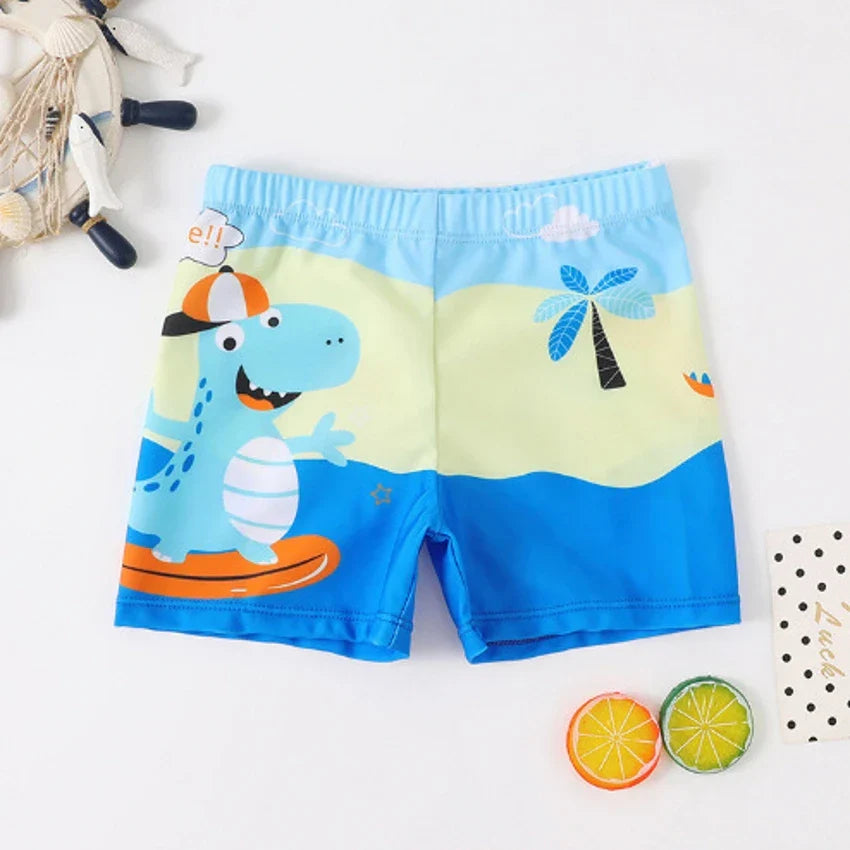 Colorful quick-dry cartoon animal swim trunks for boys, comfortable toddler beachwear