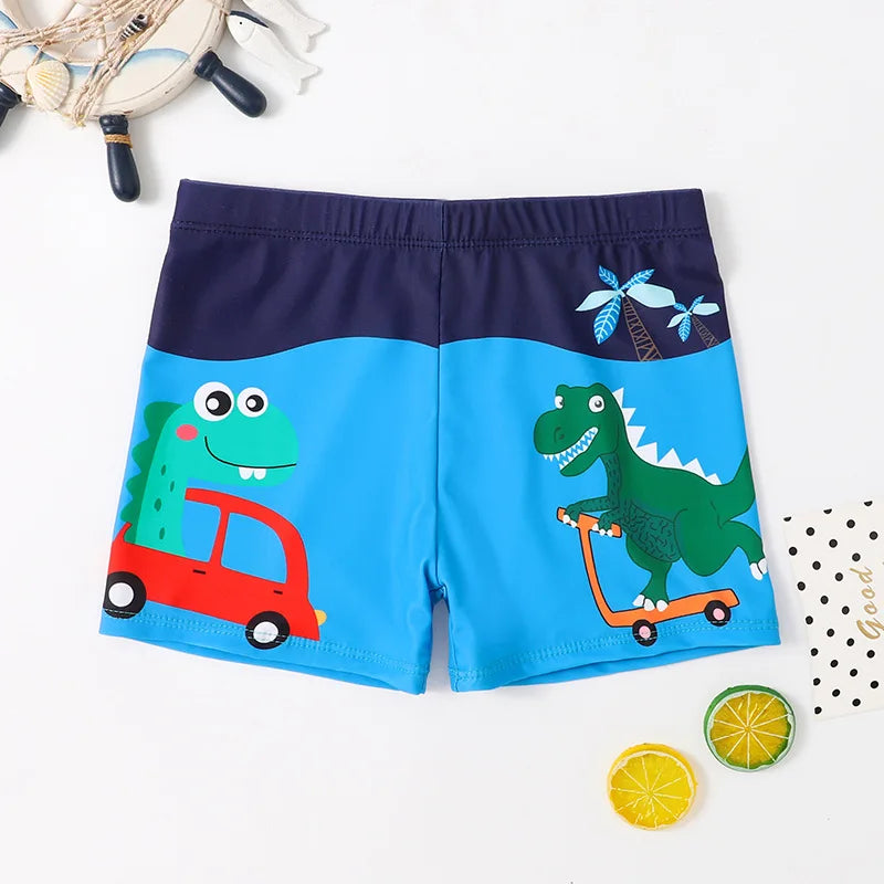Breathable quick-dry cartoon dino swim trunks, essential summer clothing for children