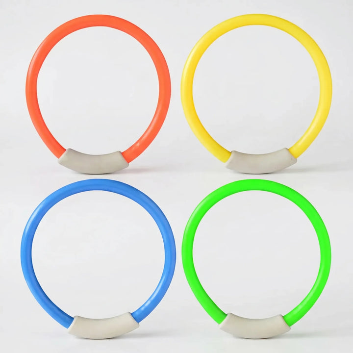 Colorful diving rings, sticks & aquatic toys for kids' underwater retrieve games in the pool; summer water fun.