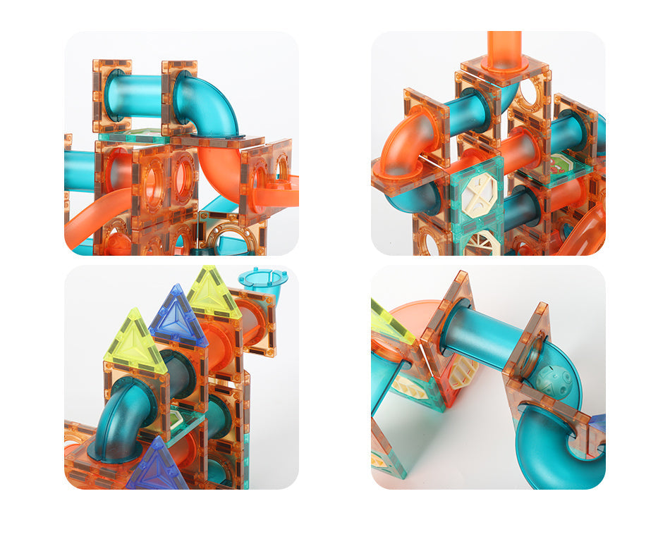 Unisex magnetic marble run toy set with various track pieces for creative construction.