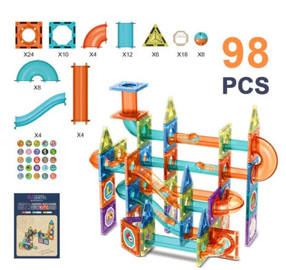 Magnetic marble track building set for kids, featuring durable pieces and endless configurations.