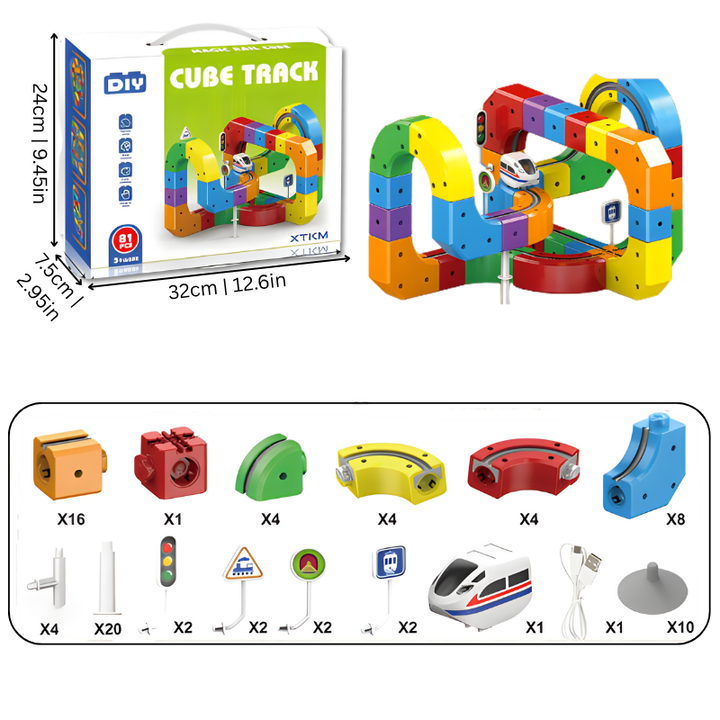 Overhead view of a finished Kids' Trackfusion Racing Set with multiple track configurations, ready for vehicle racing fun.