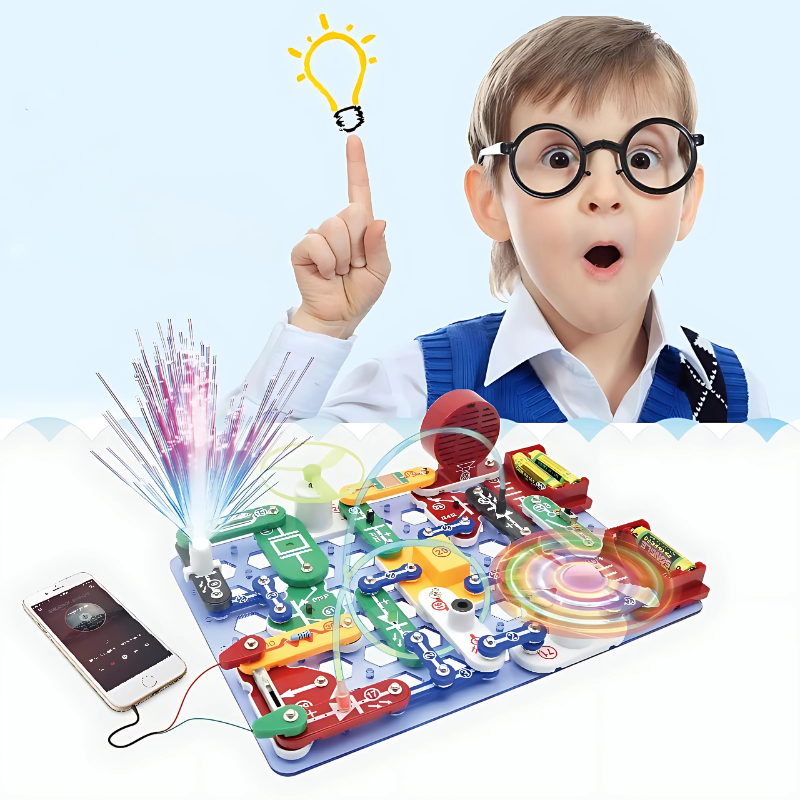 Kids building an electronic circuit with colorful wires in a STEM educational toy kit.