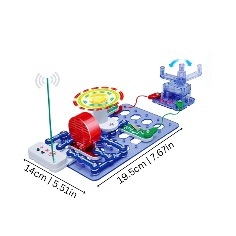 Close-up of child's hands connecting components of an interactive circuit building kit for kids.