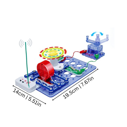 Close-up of child's hands connecting components of an interactive circuit building kit for kids.
