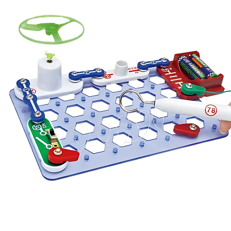 Group of children happily engaged with a DIY electronic circuit building set, learning science.