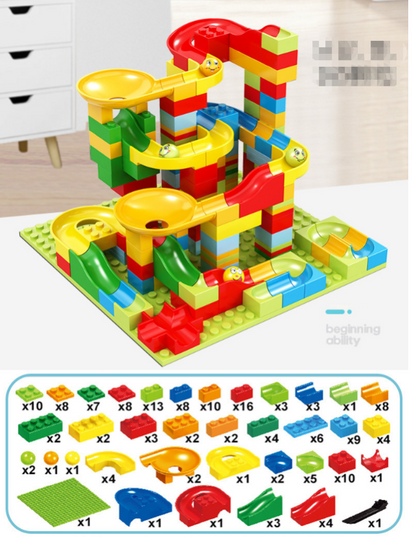 Close-up of a vibrant marble run track construction set, showcasing intricate pathways and marble, STEM educational toy
