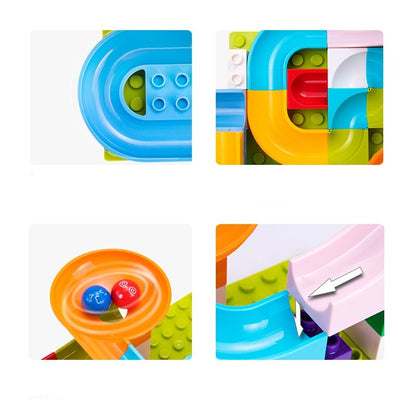 Marble actively rolling down a brightly colored interactive marble run track set, demonstrating dynamic kids' play and learning